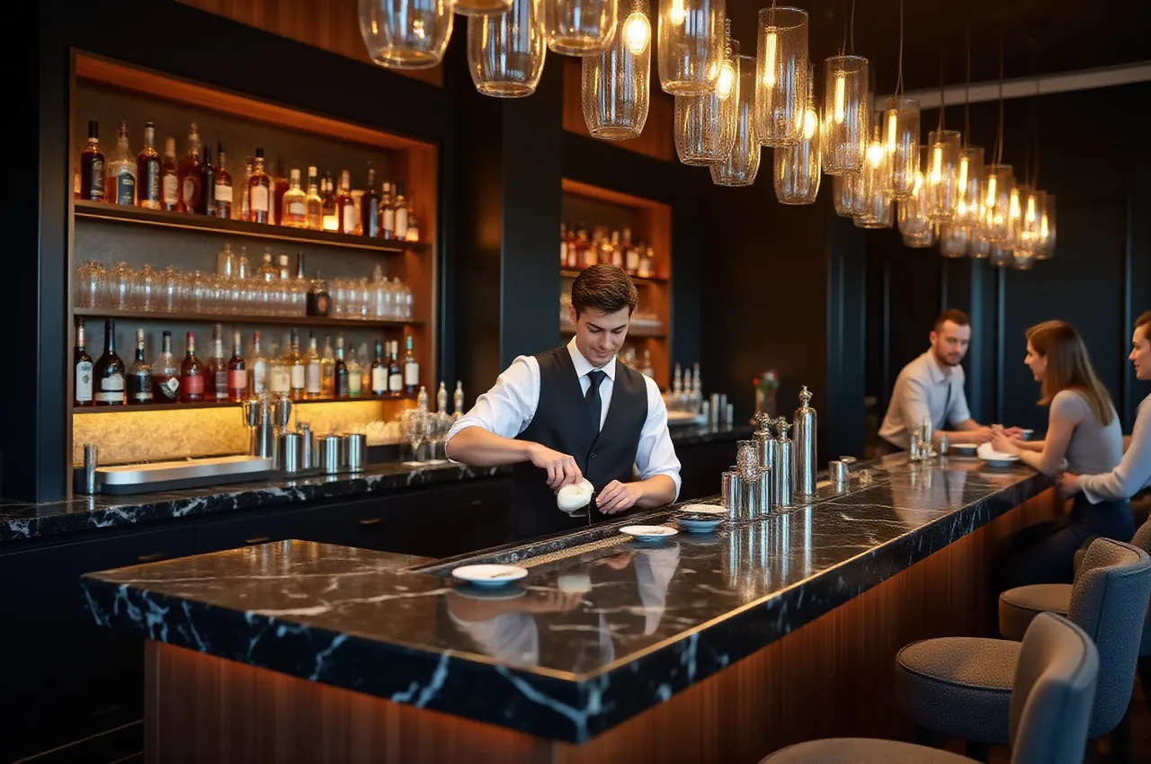 Barman w kamizelce przygotowuje drinki za długim barem z podświetlonymi butelkami, goście rozmawiają przy ladzie