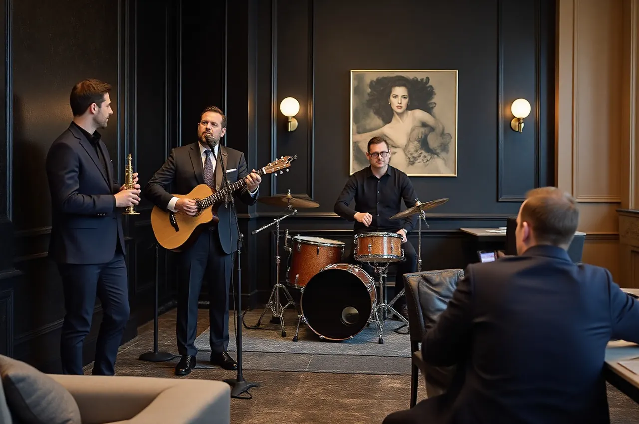 Trio jazzowe grające na małej scenie w salonie, goście słuchają przy stolikach
