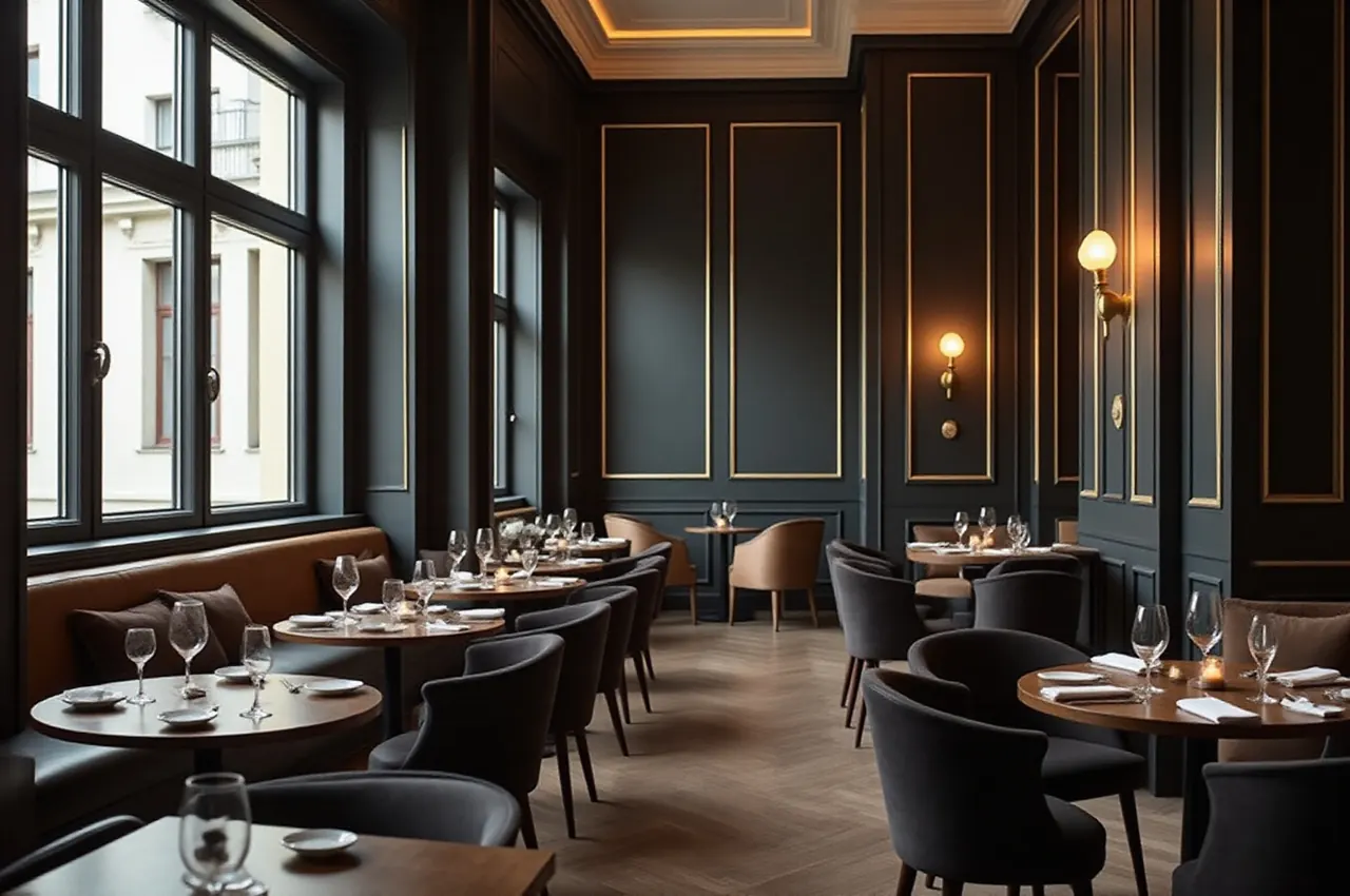 Pusta sala restauracji Tygiel przed otwarciem, nakryte stoły na tle granatowych ścian i ciemnego marmuru