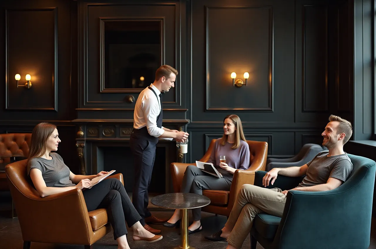 Goście odpoczywający w głębokich fotelach w lounge’u po kolacji, kelner podaje drinki