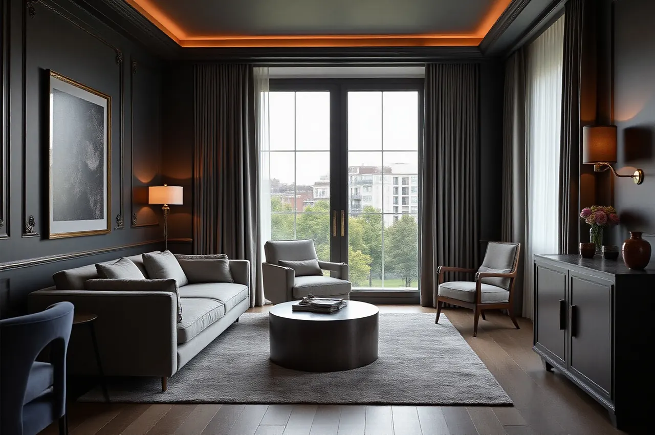Salon Apartamentu Panorama z sofą i panoramicznymi oknami